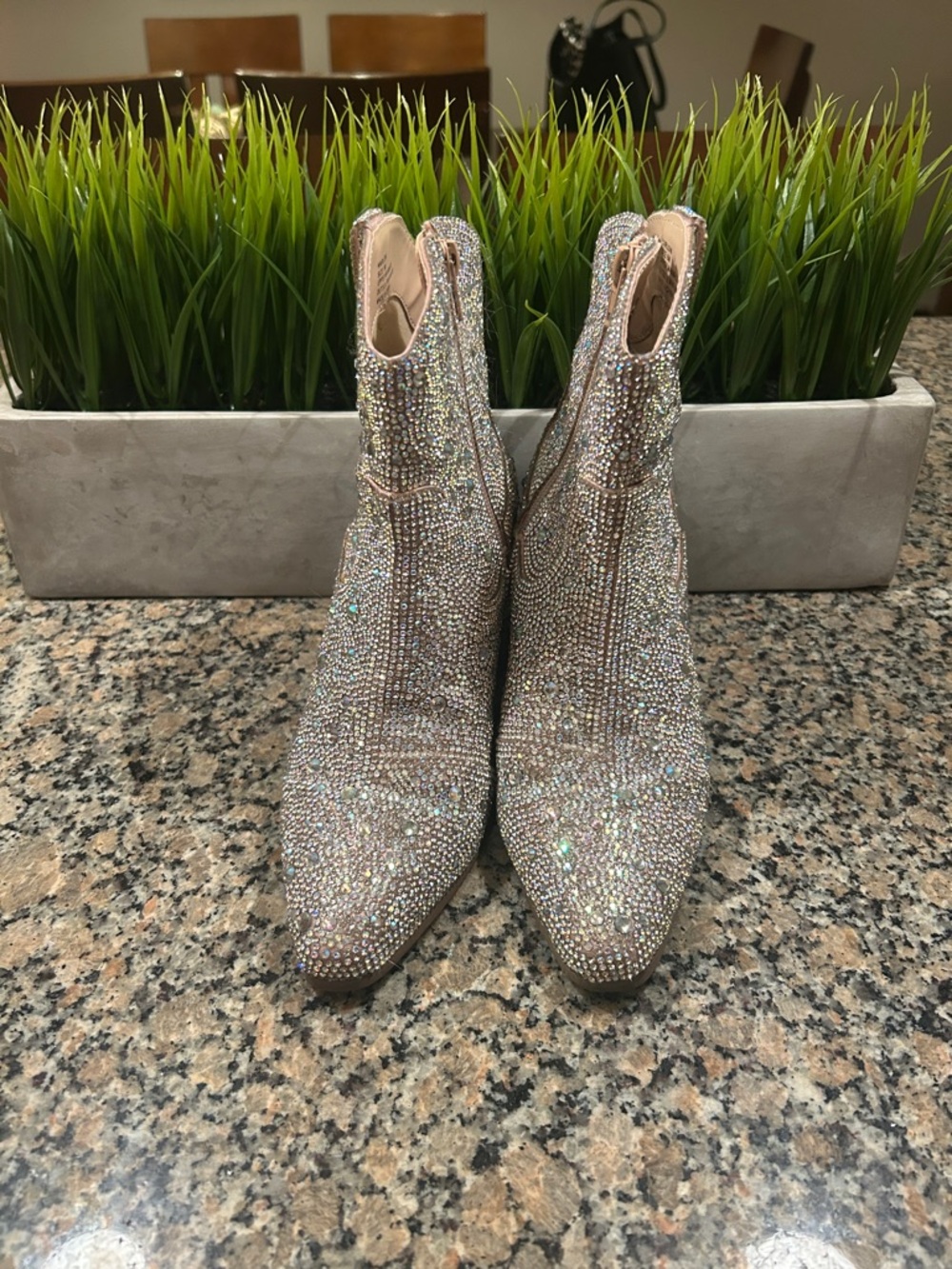 Iridescent Crystal Ankle Booties in Light Pink